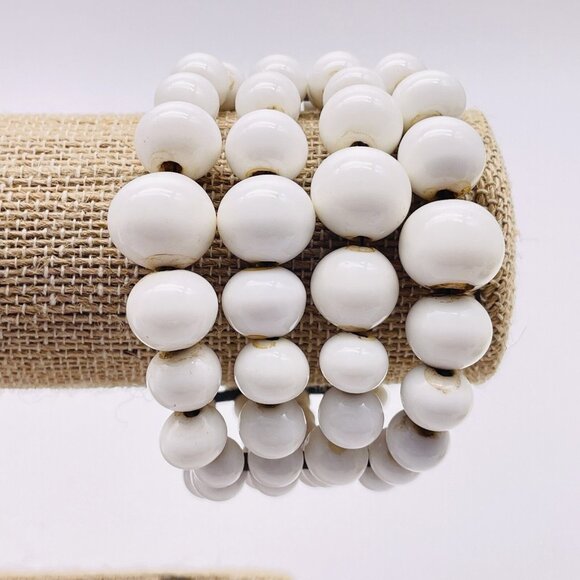 White Milk Glass Bead Cuff Bracelet Four Row Stretch Vintage Statement - Picture 1 of 6